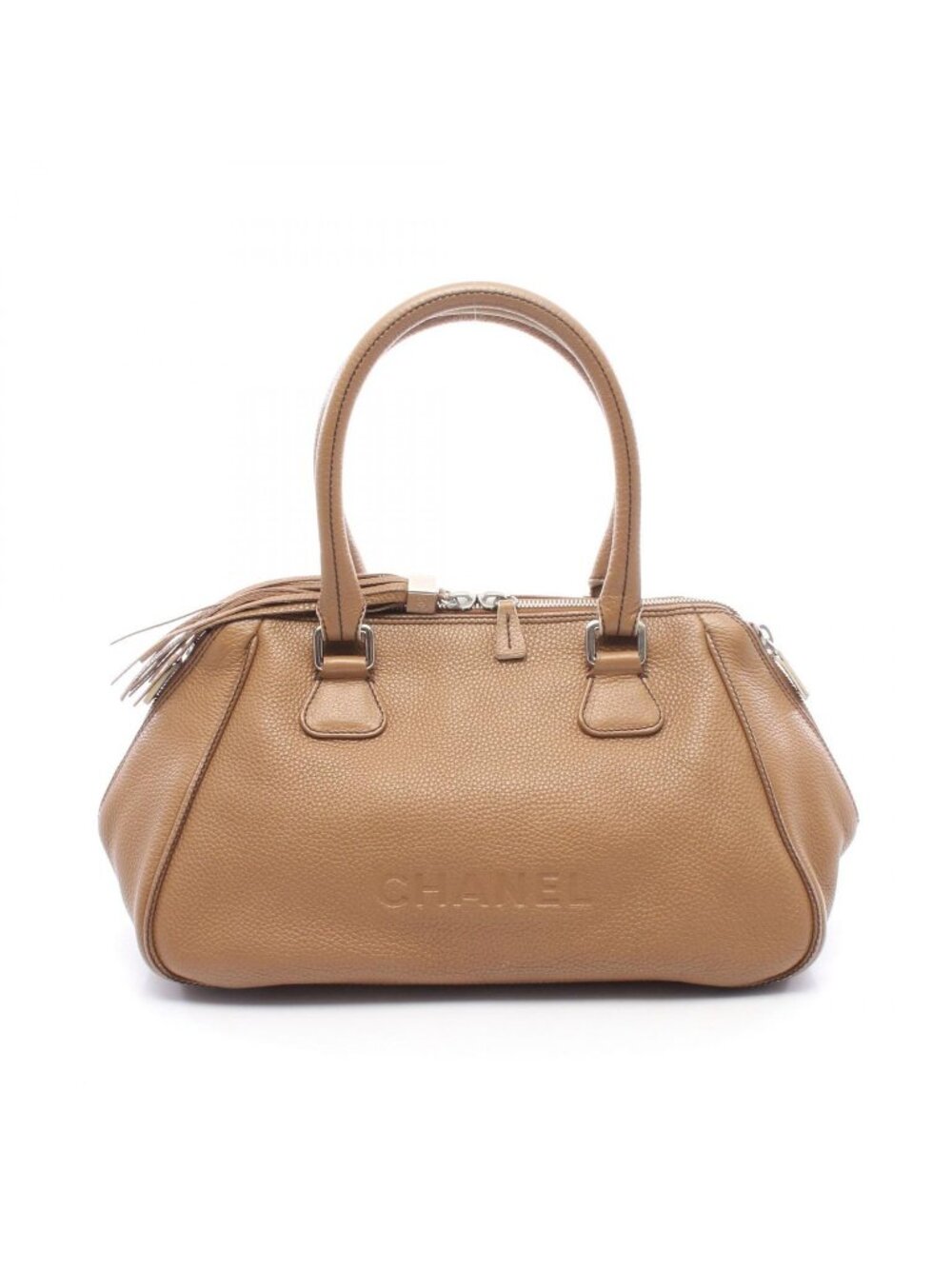 Chanel Tote Logo Fringe Beige Leather Handbag
